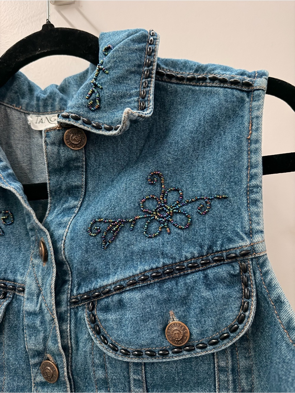 Vintage-Inspired Blue Beaded Denim Vest - TA N?